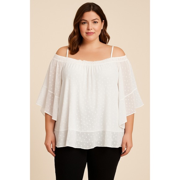 Lane Bryant Blouse 22/24 Off Shoulder Chiffon Polka Dot Tiered Romantic Boho - Picture 1 of 12